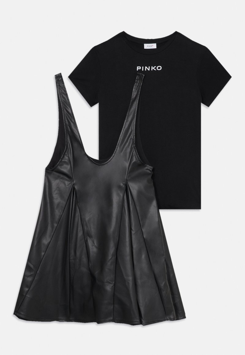 Black leather dress with a deep neckline and pleated skirt, paired with a fitted black cotton T-shirt featuring "PINKO" logo in white.