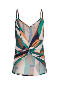 Top sin mangas de colores múltiples con un diseño de frente retorcido. Hecho de una tela ligera con patrones abstractos en verdes, marrones y azul marino.