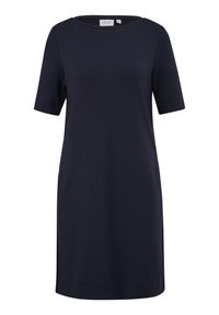 Marineblaues kurzärmliges Kleid mit rundem Ausschnitt, aus einem weichen Stoff gefertigt. Hat einen geraden Schnitt und eine knielange Design.