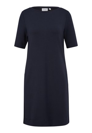 Navy blue short-sleeve dress with a rounded neckline, made from a soft fabric. Features a straight cut and knee-length design.
