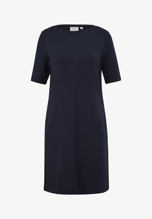 Navy blue short-sleeve dress with a rounded neckline, made from a soft fabric. Features a straight cut and knee-length design.