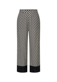 Pantalons larges à motifs en crème avec un design géométrique bleu marine. Dotés d'un ourlet bleu marine uni. Tissu léger au toucher doux.