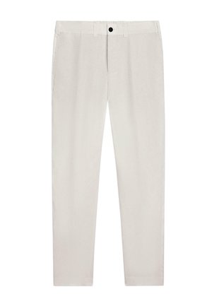 Pantalon droit couleur crème avec passants de ceinture, bouton à l'avant et fermeture éclair, présenté à plat sur un fond blanc.