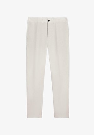 Pantalon droit couleur crème avec passants de ceinture, bouton à l'avant et fermeture éclair, présenté à plat sur un fond blanc.