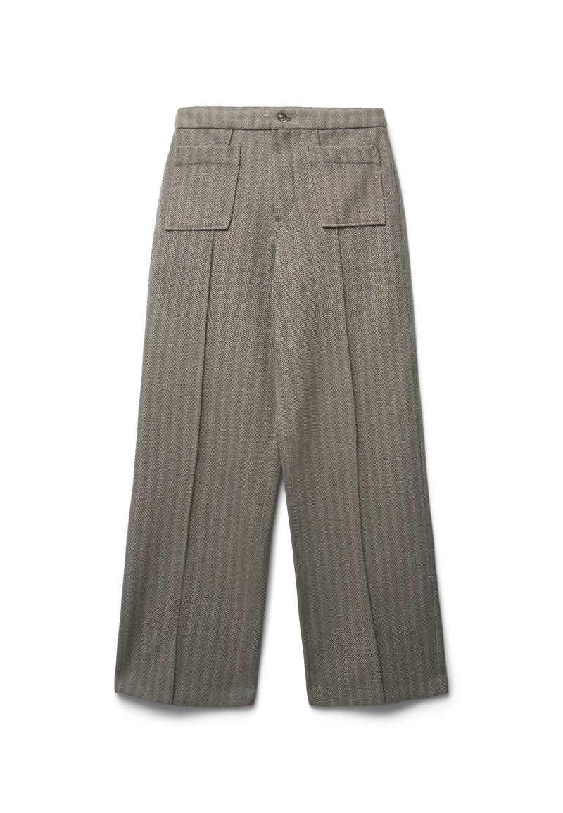 Pantaloni grigi a gamba larga con pieghe frontali, due ampi taschini sul davanti e una vita con bottoni.