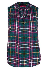 Blusa senza maniche a quadri verde, rosa, giallo, bianco e blu con scollatura arricciata e dettaglio con nodo.