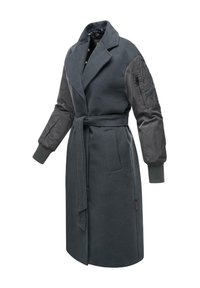 Gray wool blend coat with tailored lapels, long sleeves in contrasting fabric, and a belt at the waist. Features side pockets and ribbed cuffs.