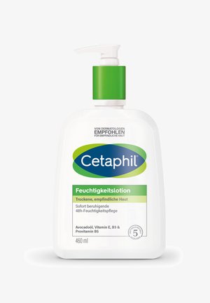 Cetaphil moisturizing lotion in a white plastic bottle with a green pump. Text mentions "dry, sensitive skin" and ingredients like avocado oil.