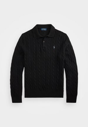 Black knitted polo sweater with cable pattern, buttoned collar, long sleeves, and a small logo on the chest in contrasting color.