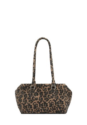Borsa a tracolla con motivo leopardato realizzata in tessuto testurizzato. Presenta due manici, finiture in metallo argentato e una forma strutturata con lati inclinati.