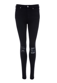 Jeans ajustados negros hechos de denim con una textura suave, con acentos rasgados en las rodillas y un diseño de corte slim, asegurados con un botón en la parte delantera.