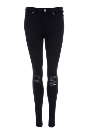 Zwarte skinny jeans van denim met een gladde textuur, voorzien van gescheurde accenten op de knieën en een slim fit ontwerp, met een sluiting met een knoop aan de voorkant.