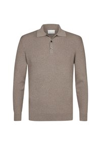 Brauner Langarm-Polo-Pullover mit gerippter Textur, Knopfverschluss mit zwei Knöpfen und einem klassischen Kragen mit dezentem Kontrast.