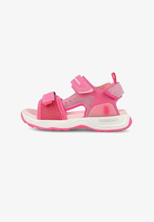 Sandalia infantil abierta en tonos rosa y rosa claro, con tiras ajustables, parte frontal de malla, suela acolchada y el nombre de la marca "biomecanics" en el lateral.