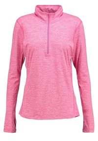 Rosa langärmeliger Sportpullover mit Viertelzip, hohem Kragen, Daumenlöchern und dezentem Logo auf der linken Brust.