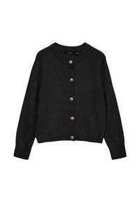 Svart stickad kofta med långa ärmar och rund halsringning, med fem metalliska knappar formade som snäckskal längs framsidan.