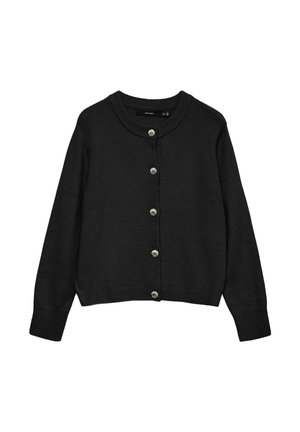 Cardigan noir en maille avec manches longues et encolure ronde, doté de cinq boutons métalliques en forme de coquille sur le devant.