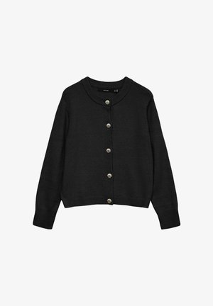 Czarny dziany sweter na guziki z długimi rękawami i okrągłym dekoltem, z pięcioma metalicznymi guzikami w kształcie muszli na przodzie.