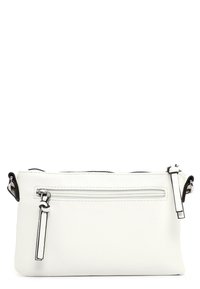 Borsa a tracolla bianca in pelle con texture liscia, tasca con zip e accenti neri a contrasto. Presenta una forma rettangolare semplice.