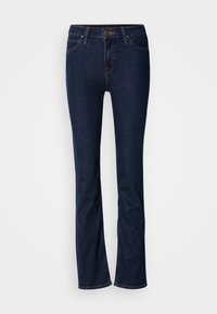 Jean denim bleu foncé coupe bootcut avec bouton frontal, fermeture éclair et design à cinq poches.