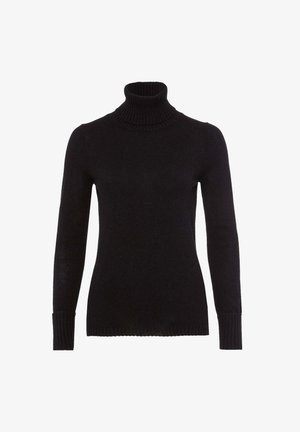Black turtleneck sweater made of soft knit material. Features long sleeves, ribbed cuffs, and a ribbed neckline. Smooth texture with no visible patterns.