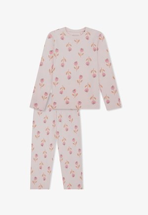 Completo per bambini con maglia maniche lunghe e pantaloni rosa chiaro con motivo di piccoli fiori rosa e beige.