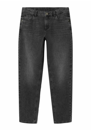 Jeans in denim grigio scuro con design a gamba dritta, dotati di chiusura frontale con bottoni, passanti per cintura e cinque tasche.