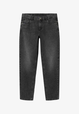Dark gray denim jeans with a straight-leg design, featuring a front button closure, belt loops, and five pockets.