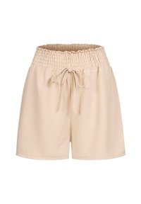 Shorts beiges clairs en tissu doux avec une taille élastique froncée et un cordon de serrage ajustable. Présente une coupe décontractée et des bords ourlés.