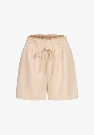 Lichtbeige shorts gemaakt van zachte stof met een rekbare, gerimpelde tailleband en een verstelbaar trekkoord. Heeft een ontspannen pasvorm en afgewerkte randjes.