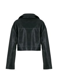 Black faux leather cropped jacket with long sleeves and a wide collar, shown from the back on a white background.