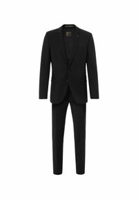 Traje negro que presenta una chaqueta de un solo botón con solapas de muesca, dos bolsillos frontales y pantalones a juego. Tela suave y texturizada.