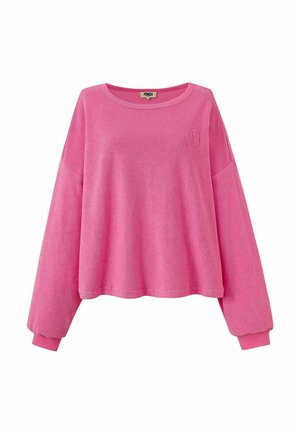 Langarm roze badstof sweatshirt met geribde manchetten, ronde halslijn en klein geborduurd logo op de linkerborst.