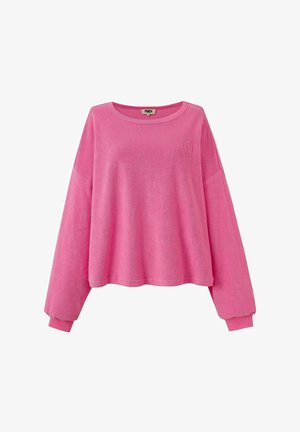 Sweatshirt en tissu éponge rose à manches longues avec des poignets côtelés, un col rond et un petit logo brodé sur la poitrine gauche.