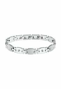 Bracciale in acciaio inossidabile con maglie rettangolari intrecciate, con finitura lucida, dettagli in texture spazzolata e un elemento centrale circolare.