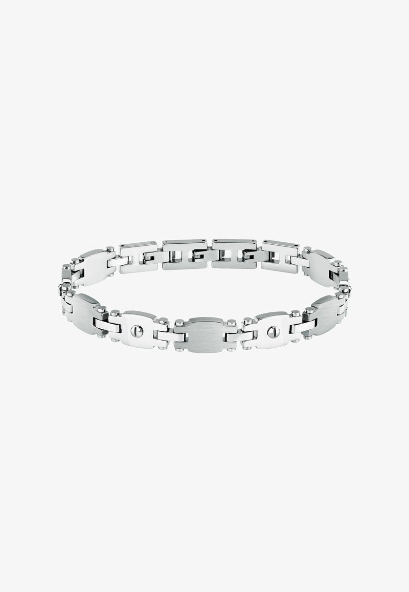 Bracciale in acciaio inossidabile con maglie rettangolari intrecciate, con finitura lucida, dettagli in texture spazzolata e un elemento centrale circolare.