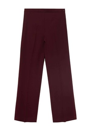 Burgundy wide-leg trousers with a flat front, two pleats, and a smooth texture. Features a standard waistband without visible fasteners.