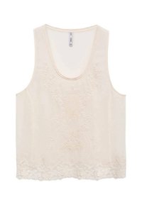Beżowy koronkowy top bez rękawów z haftem kwiatowym i falbaniastym wykończeniem, okrągłym dekoltem oraz metką przy kołnierzu z tyłu.