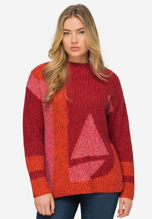Gebreide trui met levendige rode, roze en oranje geometrische patronen, met een losse pasvorm, ronde hals en lange mouwen.