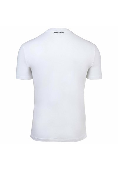 T-shirt blanc à manches courtes avec le logo "DSQUARED2" imprimé en noir sur le haut du dos près de l'encolure.