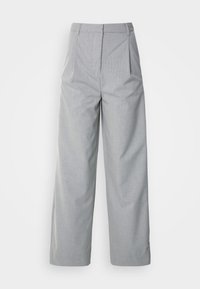 Grå vida byxor i ett texturerat tyg, med framveck och skräddarsydd midjeband. Inga synliga fickor.