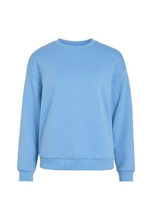 Felpa azzurra chiaro in tessuto di cotone, con scollo rotondo, maniche lunghe e polsini e orlo a costine. Design semplice.