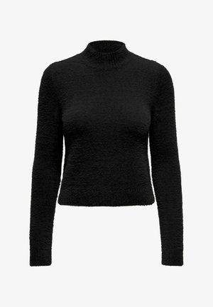 Maglione nero con collo alto, maniche lunghe, design cropped e tessuto strutturato. Superficie morbida e pelosa senza motivi o accenti visibili.