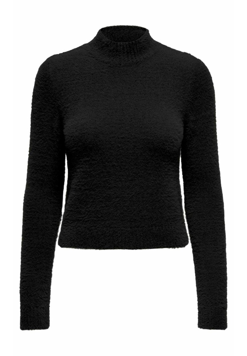 Maglione nero con collo alto, maniche lunghe, design cropped e tessuto strutturato. Superficie morbida e pelosa senza motivi o accenti visibili.