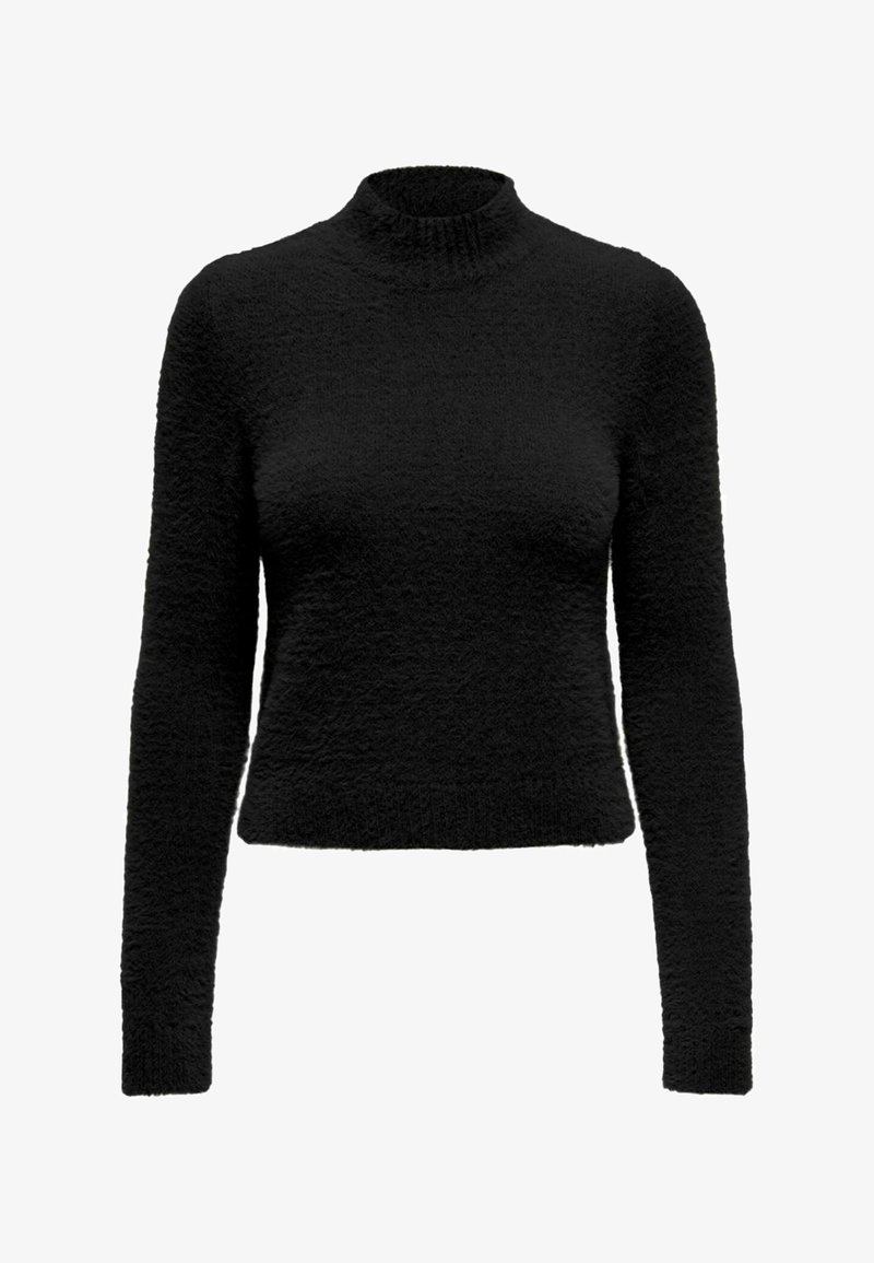 Maglione nero con collo alto, maniche lunghe, design cropped e tessuto strutturato. Superficie morbida e pelosa senza motivi o accenti visibili.