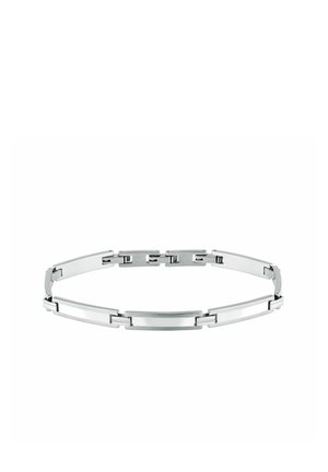 Bracciale in metallo tono argento con piastre rettangolari collegate da anelli rettangolari più piccoli su sfondo bianco.