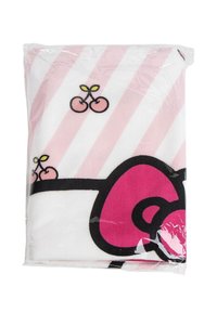 Toalla temática de Hello Kitty en blanco con franjas rosas. Presenta un diseño de personaje en rosa y negro con acentos de cereza, empaquetada en plástico.