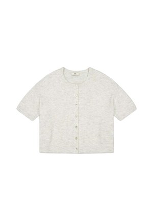 Lichtgrijze korte mouw cardigan met ronde hals en knopen aan de voorkant, plat liggend op een witte achtergrond.