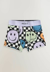 Boxer shorts per bambini con un motivo a scacchi in bianco e nero, decorati con faccine sorridenti colorate in viola, verde, blu e arancione. Vita elastica.