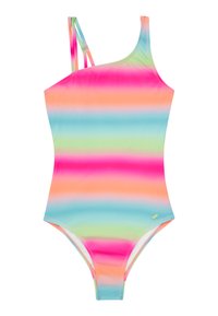 Eén-schouder badpak van glad materiaal met horizontale strepen in roze, oranje, groen en blauw. Dunne, dubbel verstelbare bandjes.